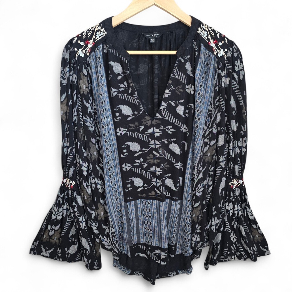 Lucky Brand Top Womens Large Black V Neck Embroidered Boho Bell Sleeve Blouse